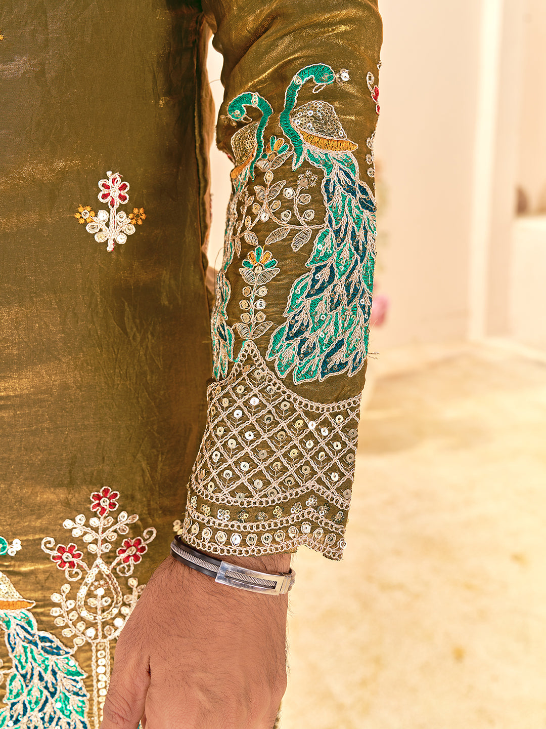 Gold Color Fendi Silk  Sequins And Embroidery Lehenga And Kurta  Couple Set