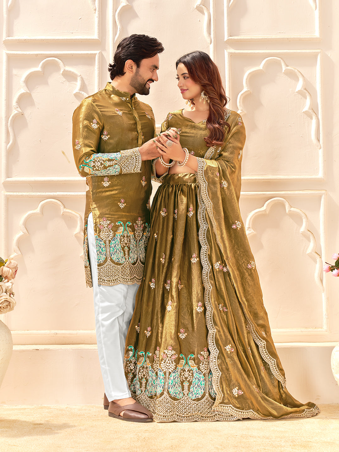 Gold Color Fendi Silk  Sequins And Embroidery Lehenga And Kurta  Couple Set