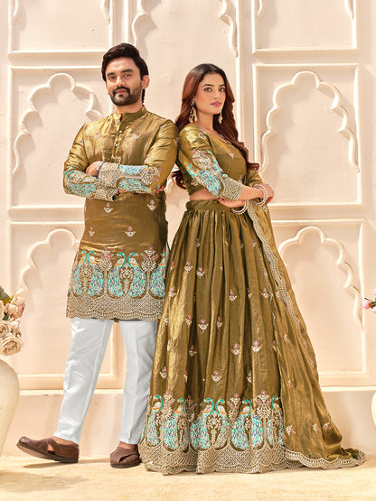 Gold Color Fendi Silk  Sequins And Embroidery Lehenga And Kurta  Couple Set