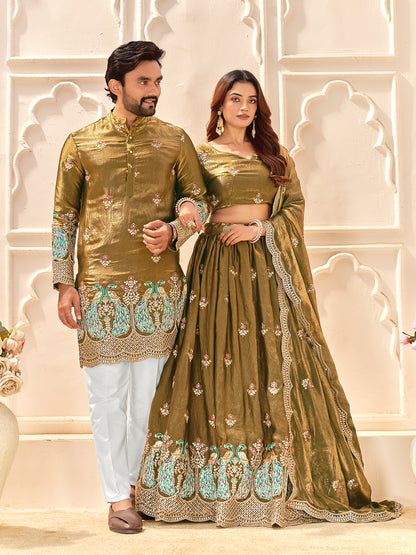 Gold Color Fendi Silk  Sequins And Embroidery Lehenga And Kurta  Couple Set