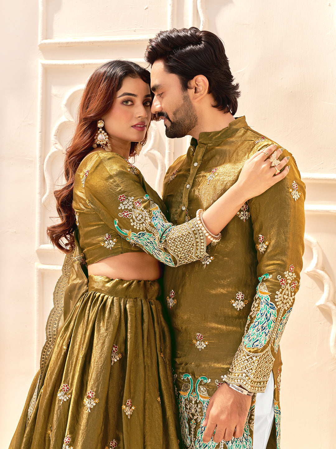 Gold Color Fendi Silk  Sequins And Embroidery Lehenga And Kurta  Couple Set