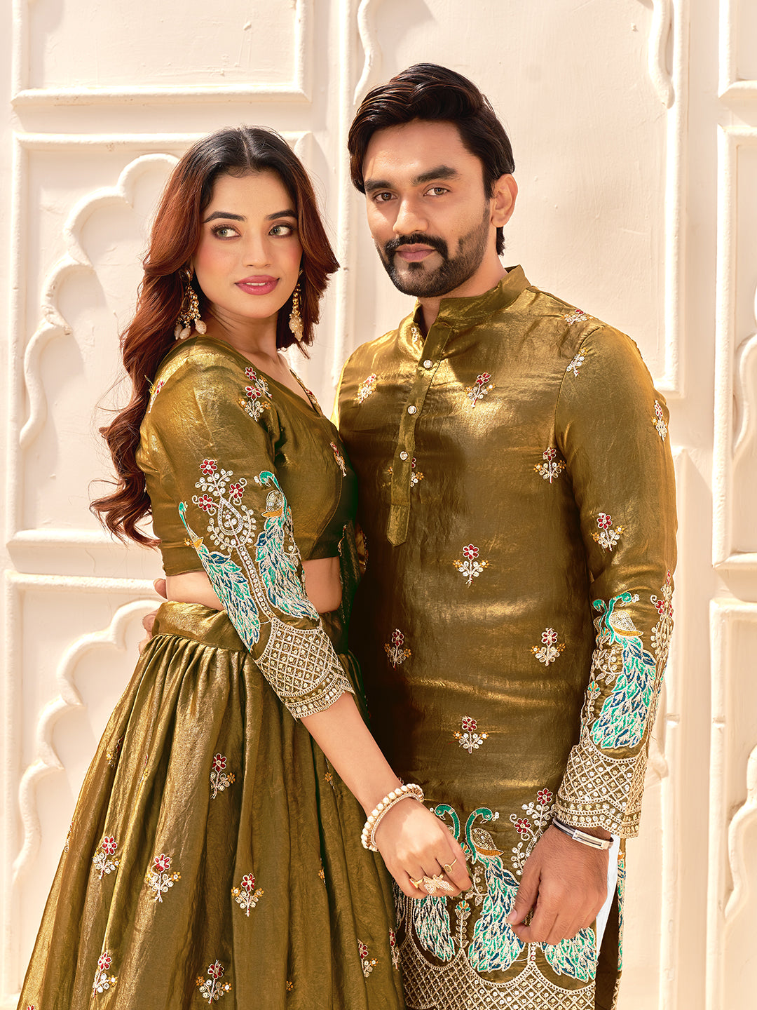 Gold Color Fendi Silk  Sequins And Embroidery Lehenga And Kurta  Couple Set