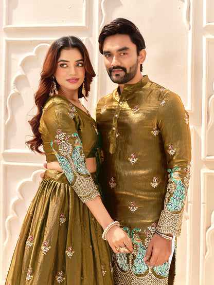 Gold Color Fendi Silk  Sequins And Embroidery Lehenga And Kurta  Couple Set
