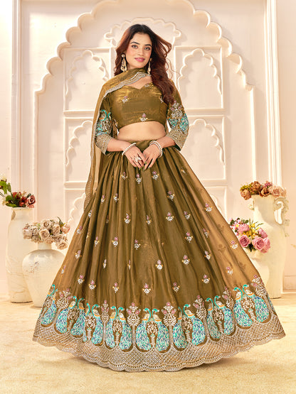 Gold Color Fendi Silk  Sequins And Embroidery Lehenga And Kurta  Couple Set