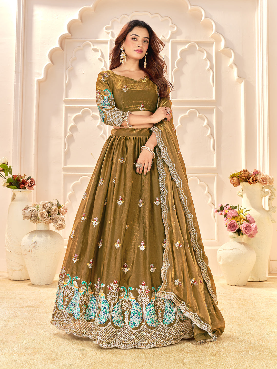 Gold Color Fendi Silk  Sequins And Embroidery Lehenga And Kurta  Couple Set