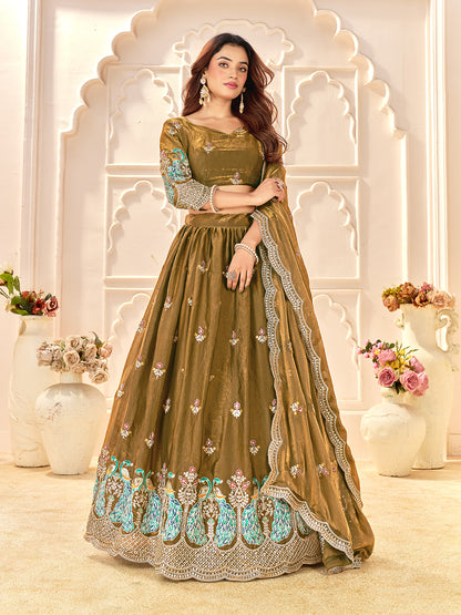 Gold Color Fendi Silk  Sequins And Embroidery Lehenga And Kurta  Couple Set