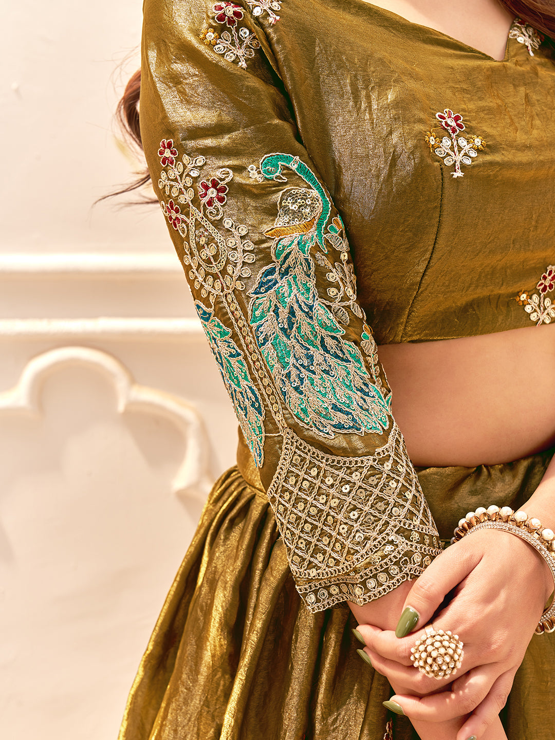 Gold Color Fendi Silk  Sequins And Embroidery Lehenga And Kurta  Couple Set