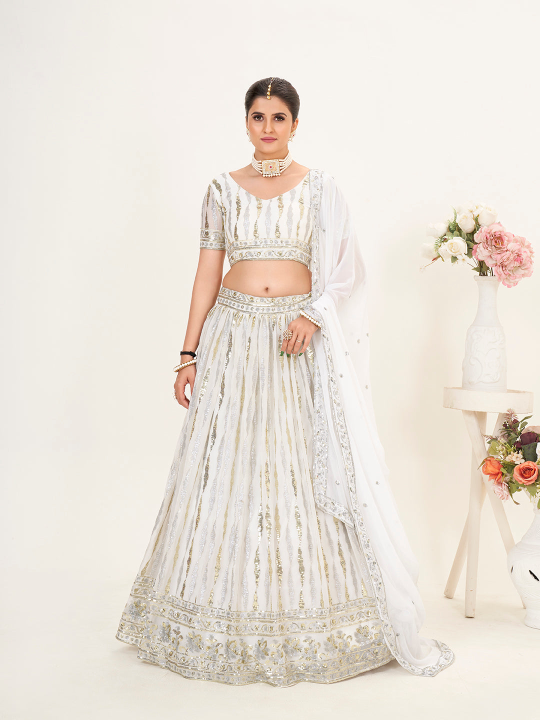 White Georgette Embroidered Wedding Lehenga Choli