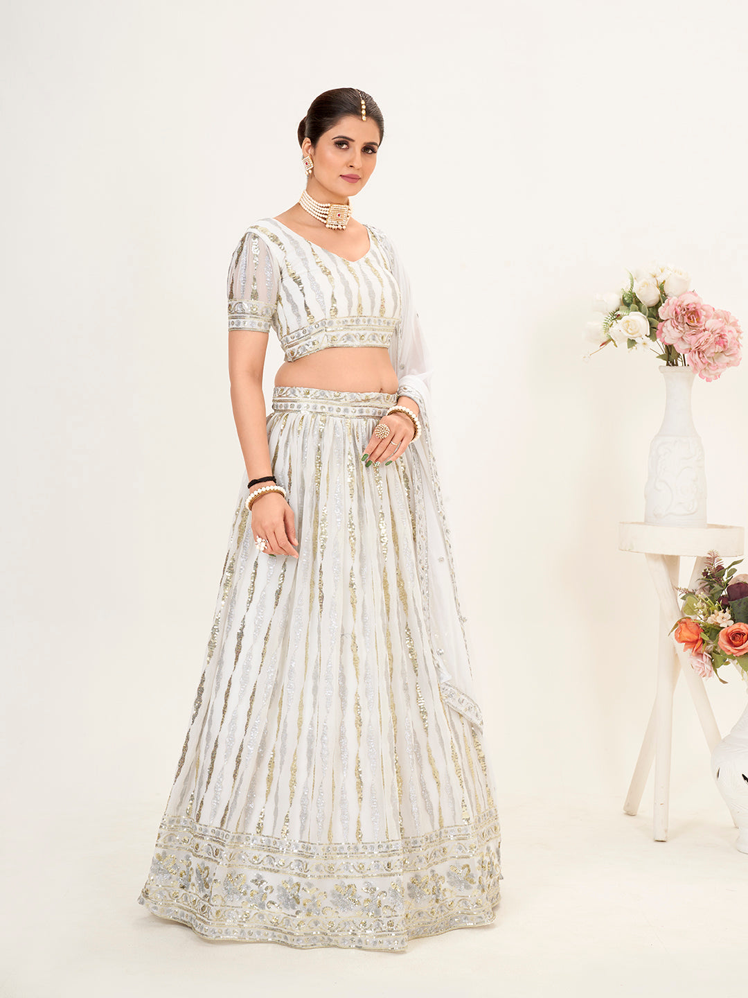 White Georgette Embroidered Wedding Lehenga Choli