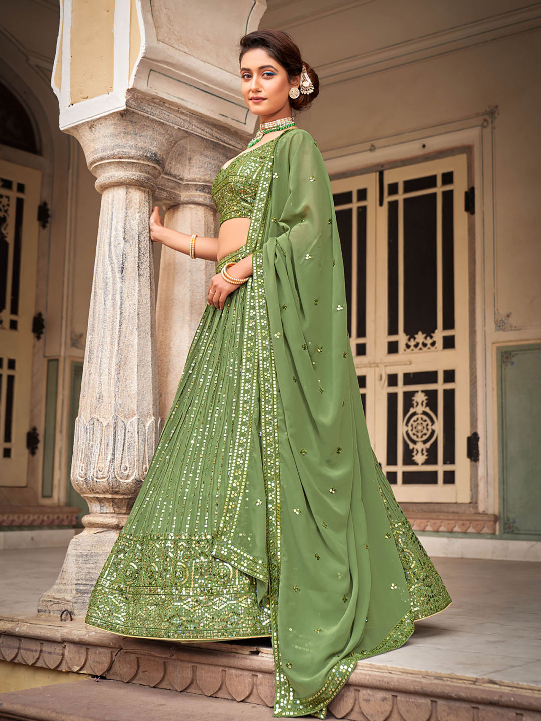 Green Designer Georgette Embroidered Lehenga Choli