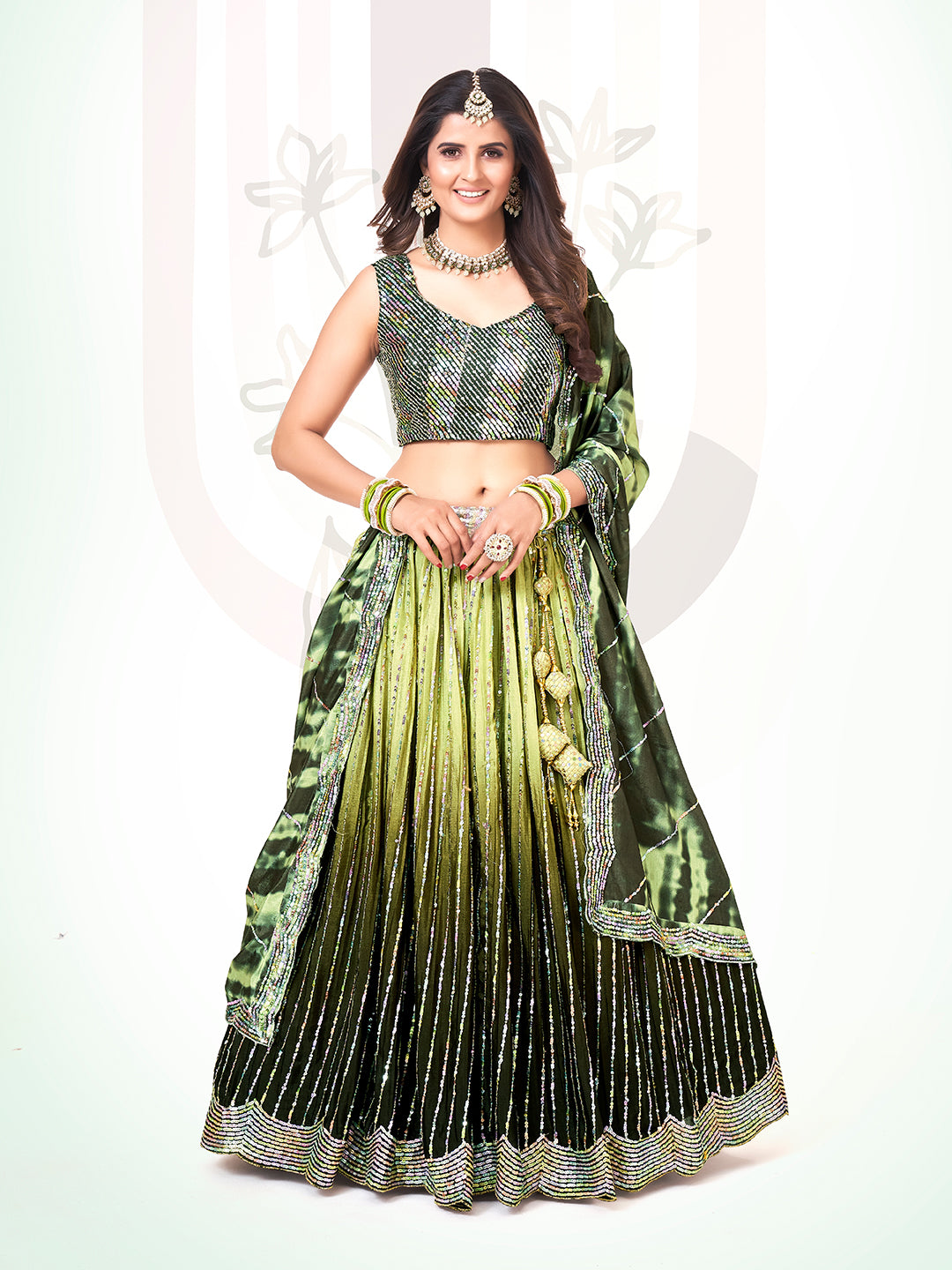 Two-Tone Green Navratri Wear Chinon Silk Lehenga Choli