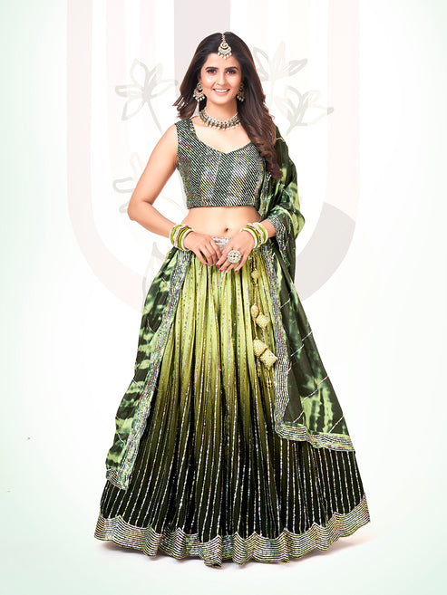 Green Two-Tone Sequin Embroidered Lehenga Choli Set with Dupatta - Elegant Party Wear
