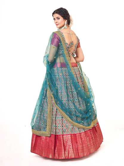 Blue & Pink Weaving Work and Floral Printed Banarasi Silk Pattu Half Saree