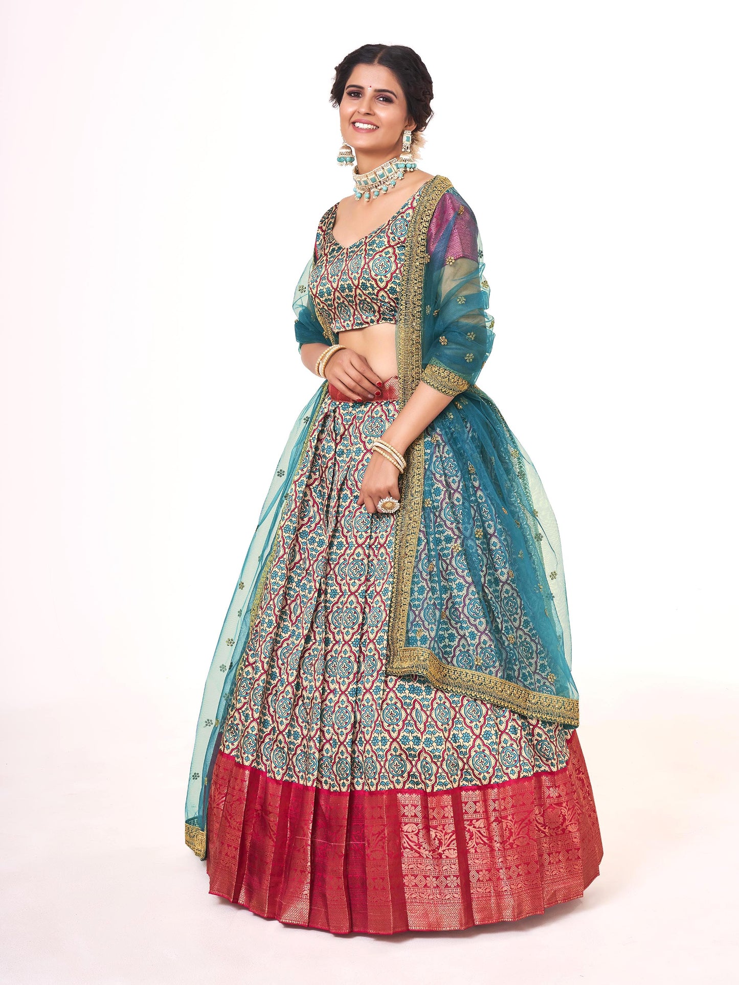 Blue & Pink Weaving Work and Floral Printed Banarasi Silk Pattu Half Saree