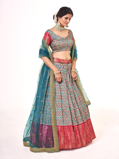 Blue & Pink Weaving Work and Floral Printed Banarasi Silk Pattu Half Saree