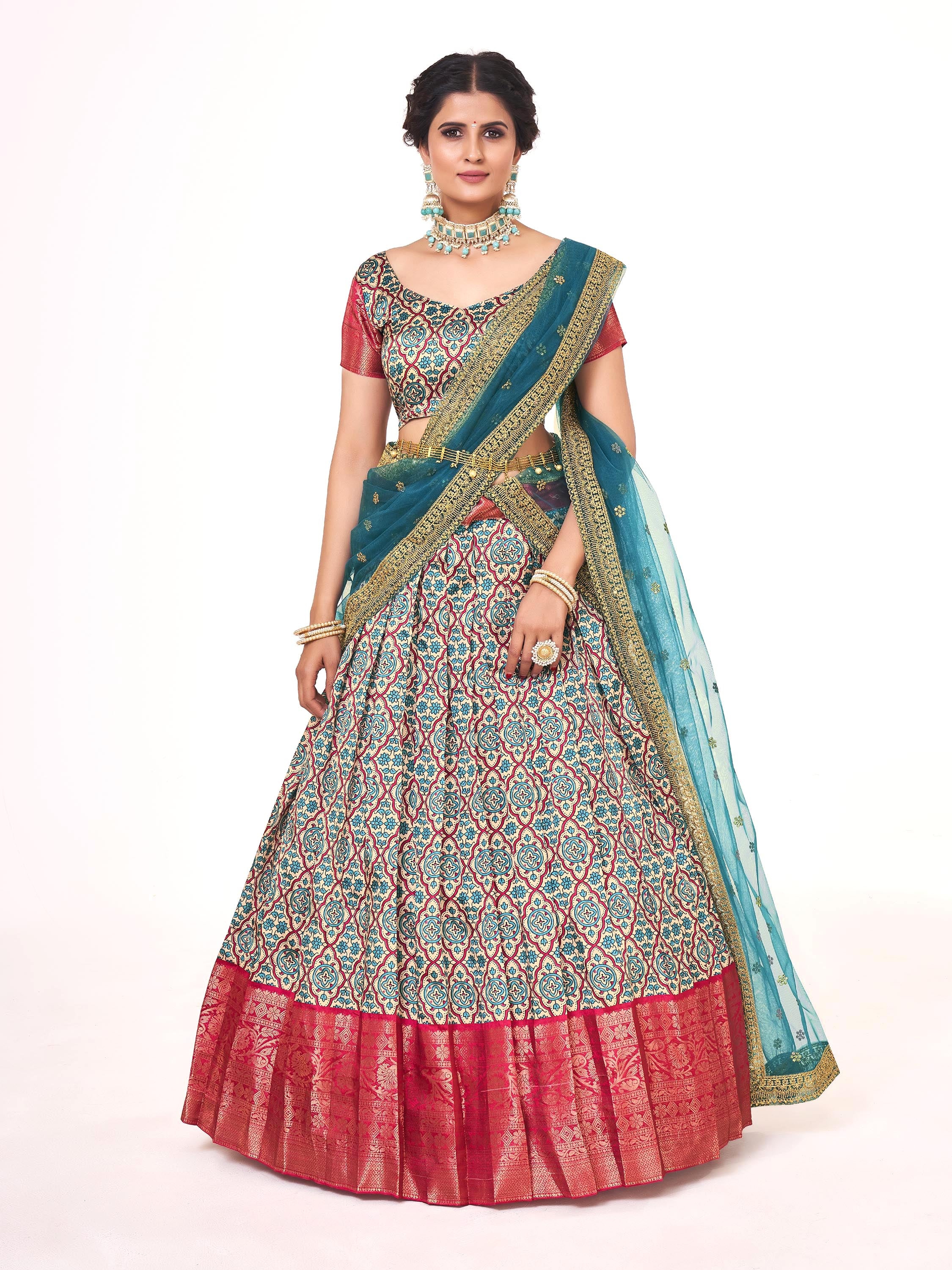 Blue & Pink Weaving Work and Floral Printed Banarasi Silk Pattu Half Saree