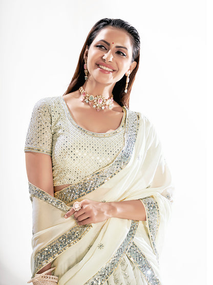 White & Gold Embroidered Wedding Semi-Stitch Lehenga Choli