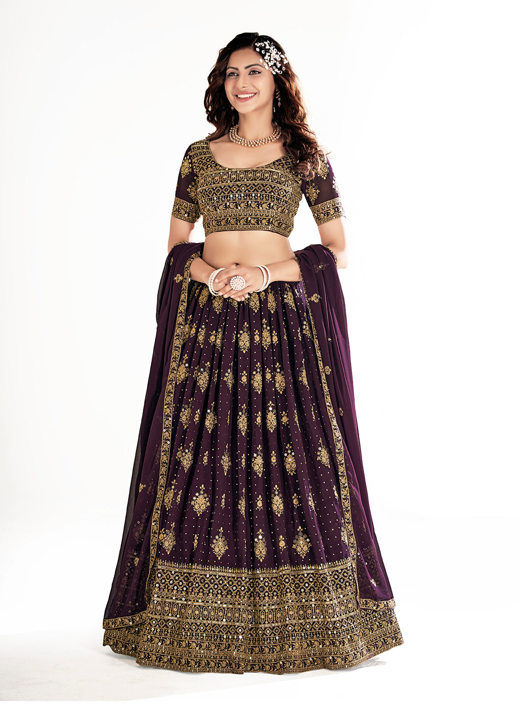 Purple Embroidered Wedding Semi-Stitch Lehenga Choli