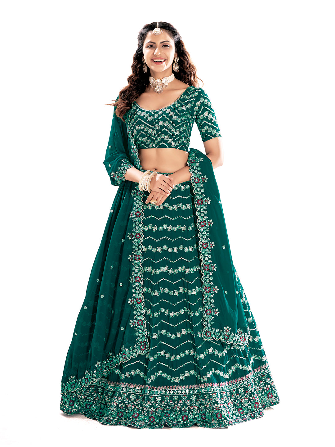 Teal Blue Embroidered Sequined Semi-Stitched Lehenga Choli