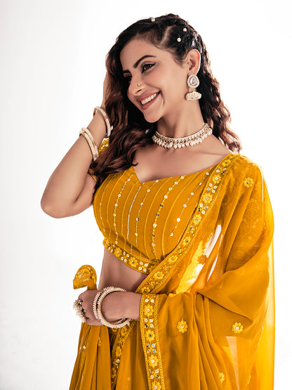 Mustard Yellow Sequins Embroidered Net Lehenga Choli