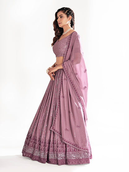 Mauve Embroidered Sequined Semi-Stitched Lehenga Choli