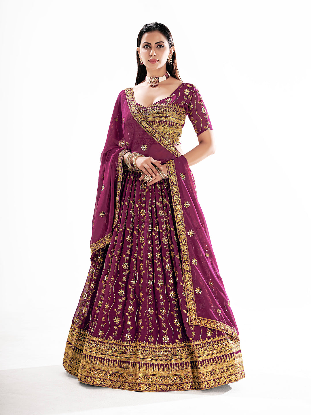 Burgundy Georgette Embroidered Wedding Lehenga Choli