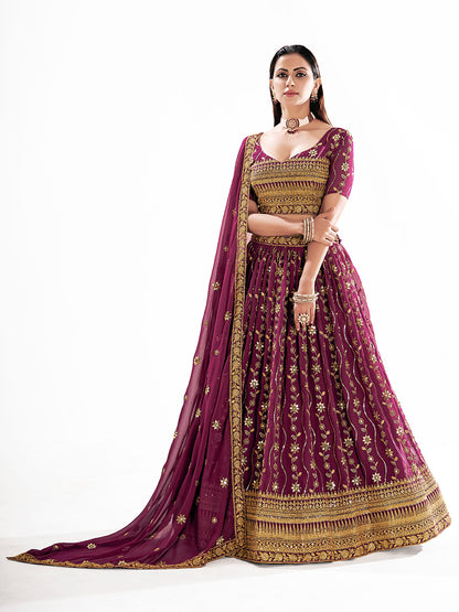 Burgundy Georgette Embroidered Wedding Lehenga Choli