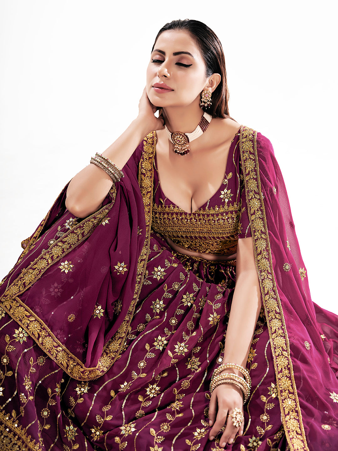 Burgundy Georgette Embroidered Wedding Lehenga Choli