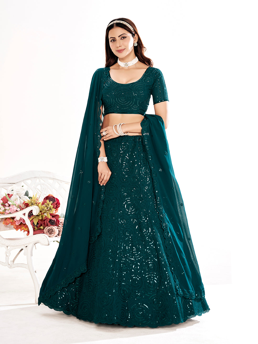 Rama Blue Embroidered Sequined Semi-Stitched Lehenga Choli