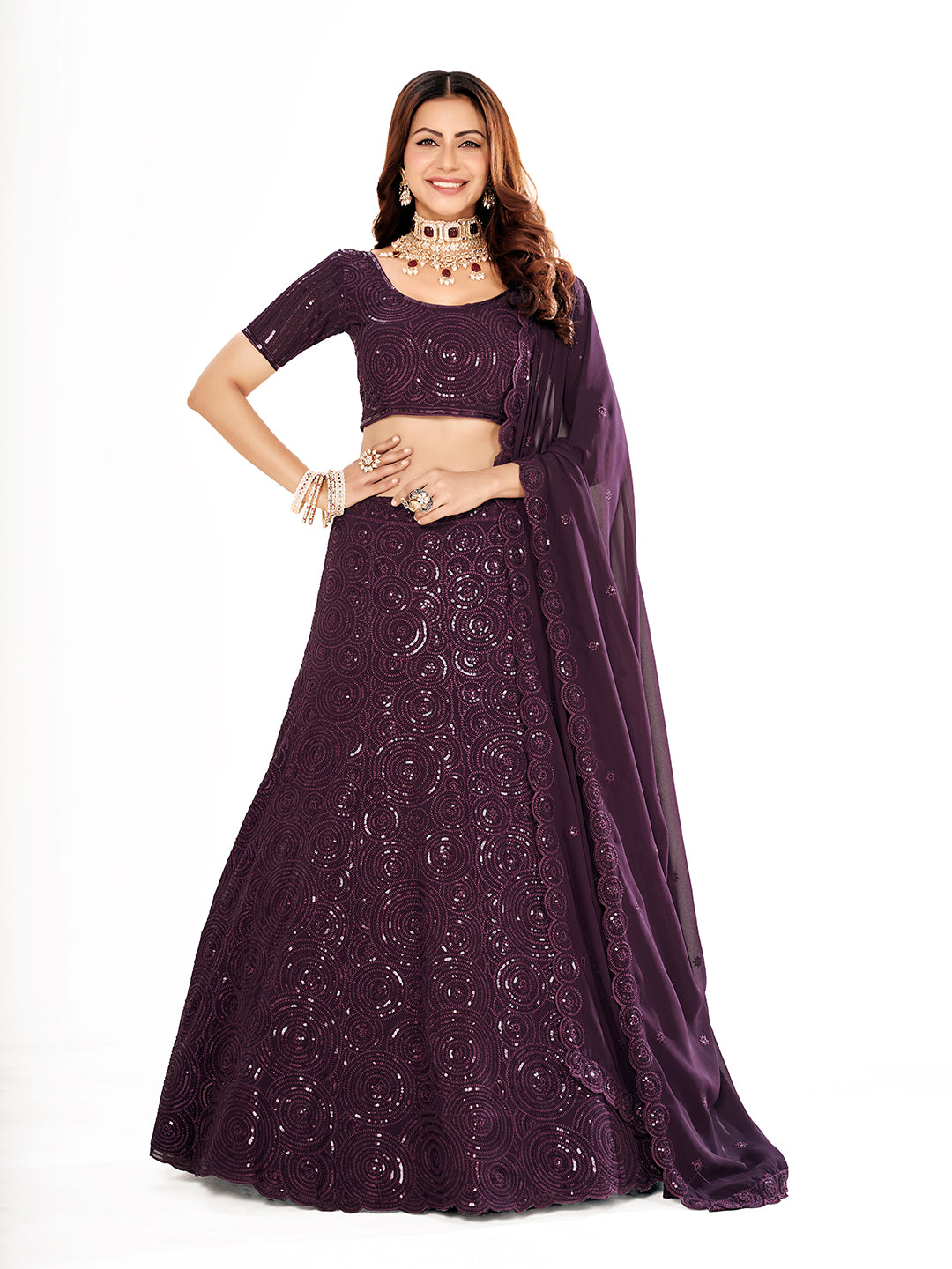 Purple Georgette Embroidered Wedding Lehenga Choli