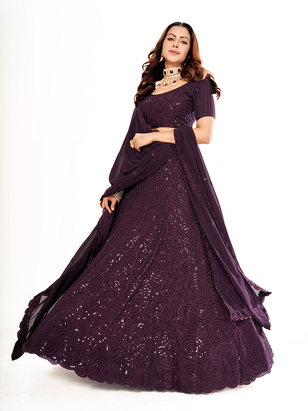 Purple Georgette Embroidered Wedding Lehenga Choli