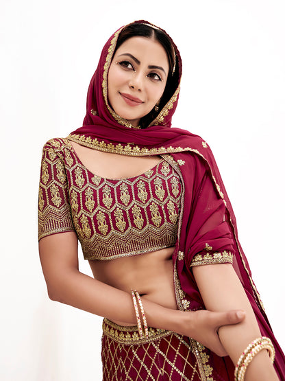 Magenta Embroidered Wedding Semi-Stitch Lehenga Choli