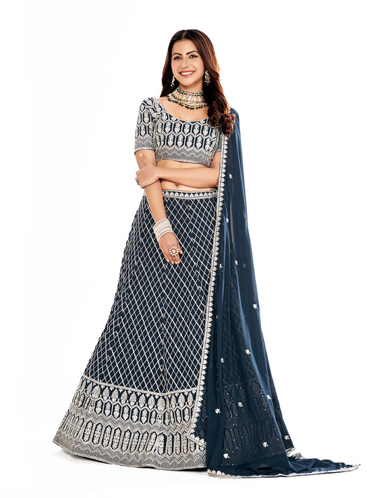 Navy Blue & Silver Embroidered Semi-Stitch Lehenga Choli
