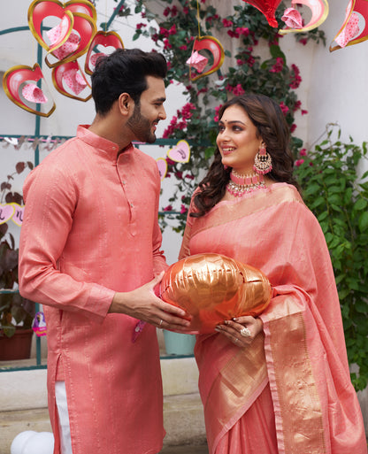 Sumitra Pink Silk Couple Wear Saree with Kurta