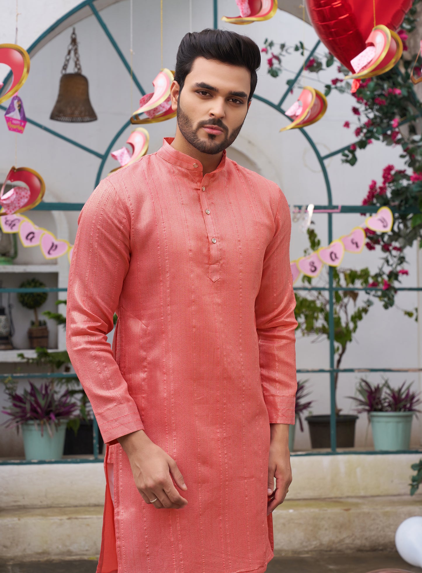 Sumitra Pink Silk Couple Wear Saree with Kurta