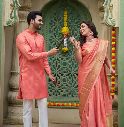 Sumitra Pink Silk Couple Wear Saree with Kurta