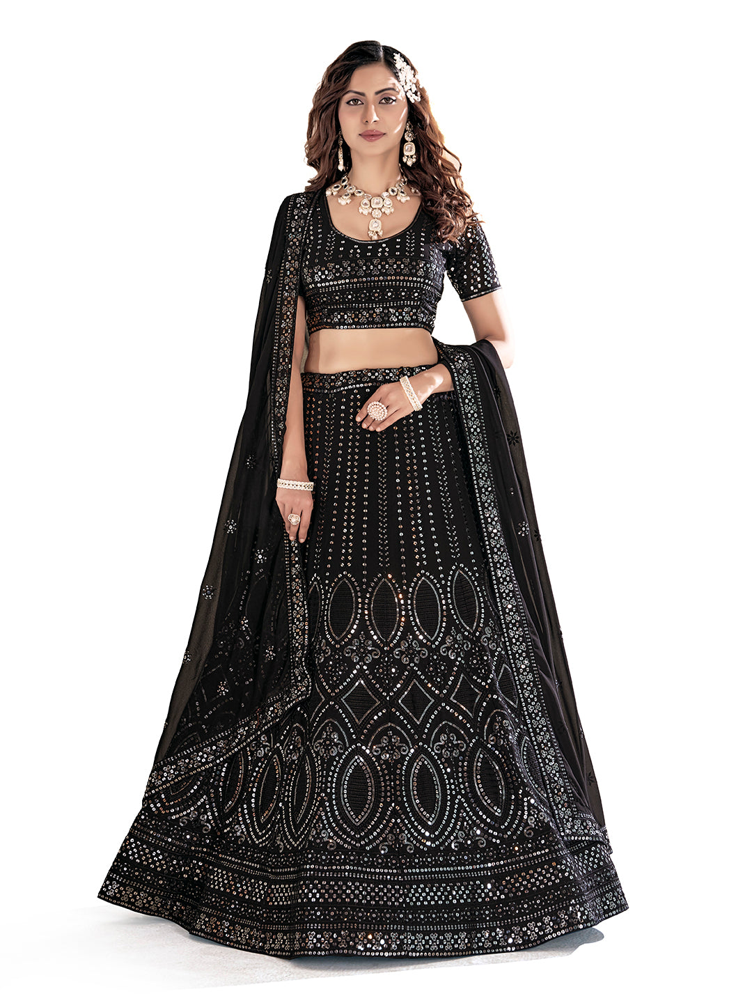 Black Embroidered Wedding Semi-Stitch Lehenga Choli