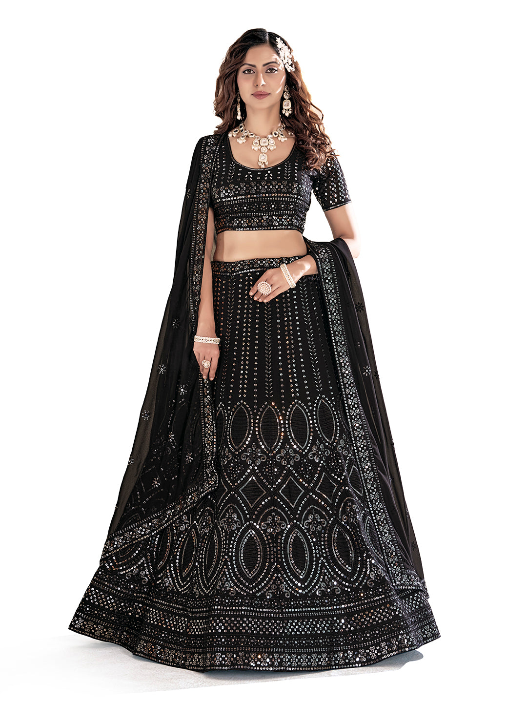 Black Embroidered Wedding Semi-Stitch Lehenga Choli