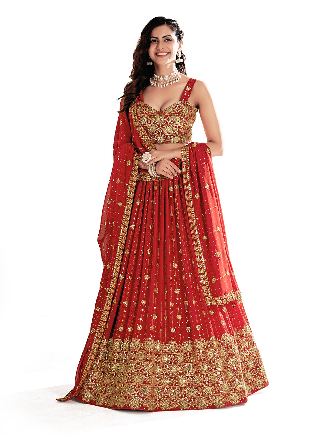 Red Embroidered Sequined Semi-Stitched Lehenga Choli