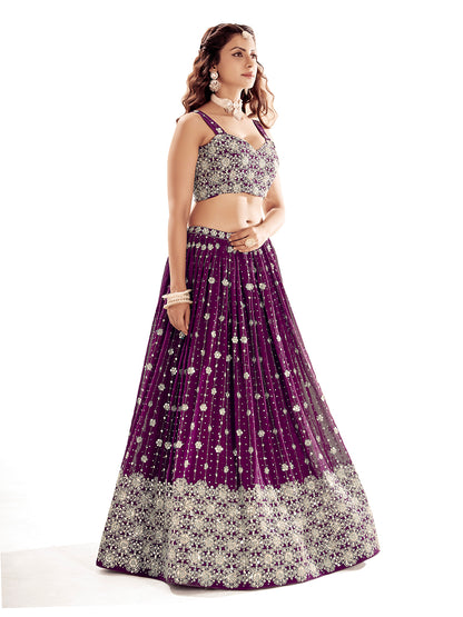 Purple Embroidered Semi-Stitch Wedding Lehenga Choli