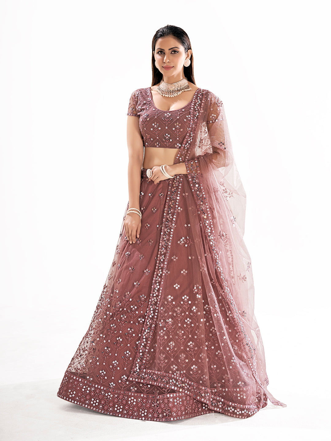 Brown Sequins Embroidered Net Lehenga Choli