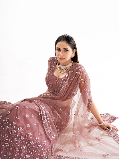 Brown Sequins Embroidered Net Lehenga Choli