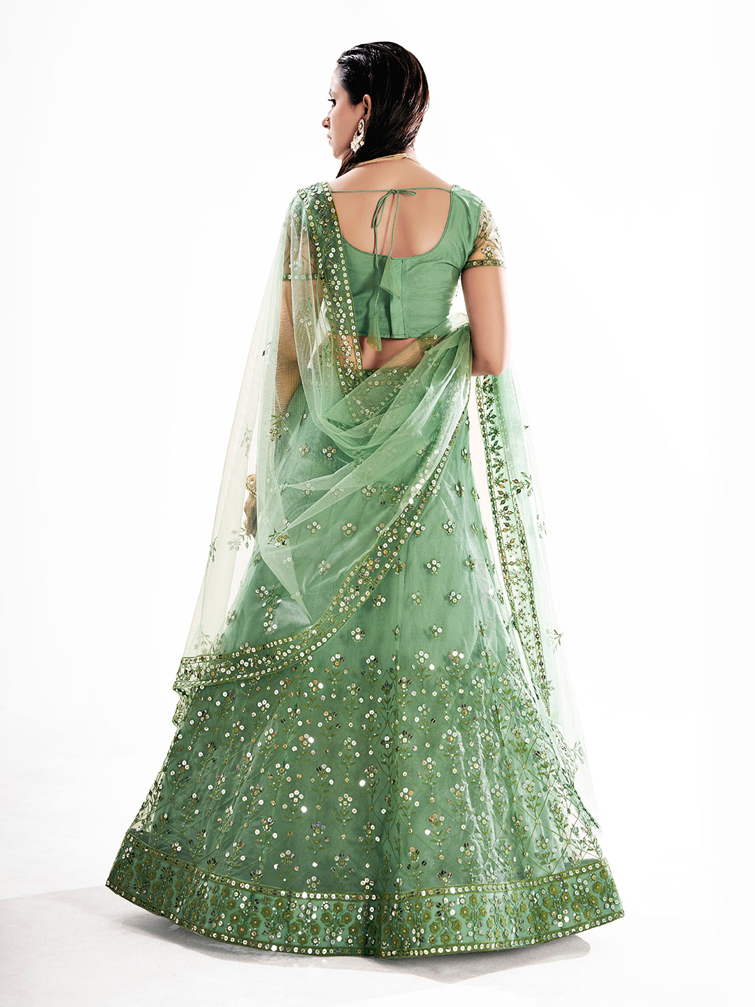 Pista Green Sequins Embroidered Net Lehenga Choli