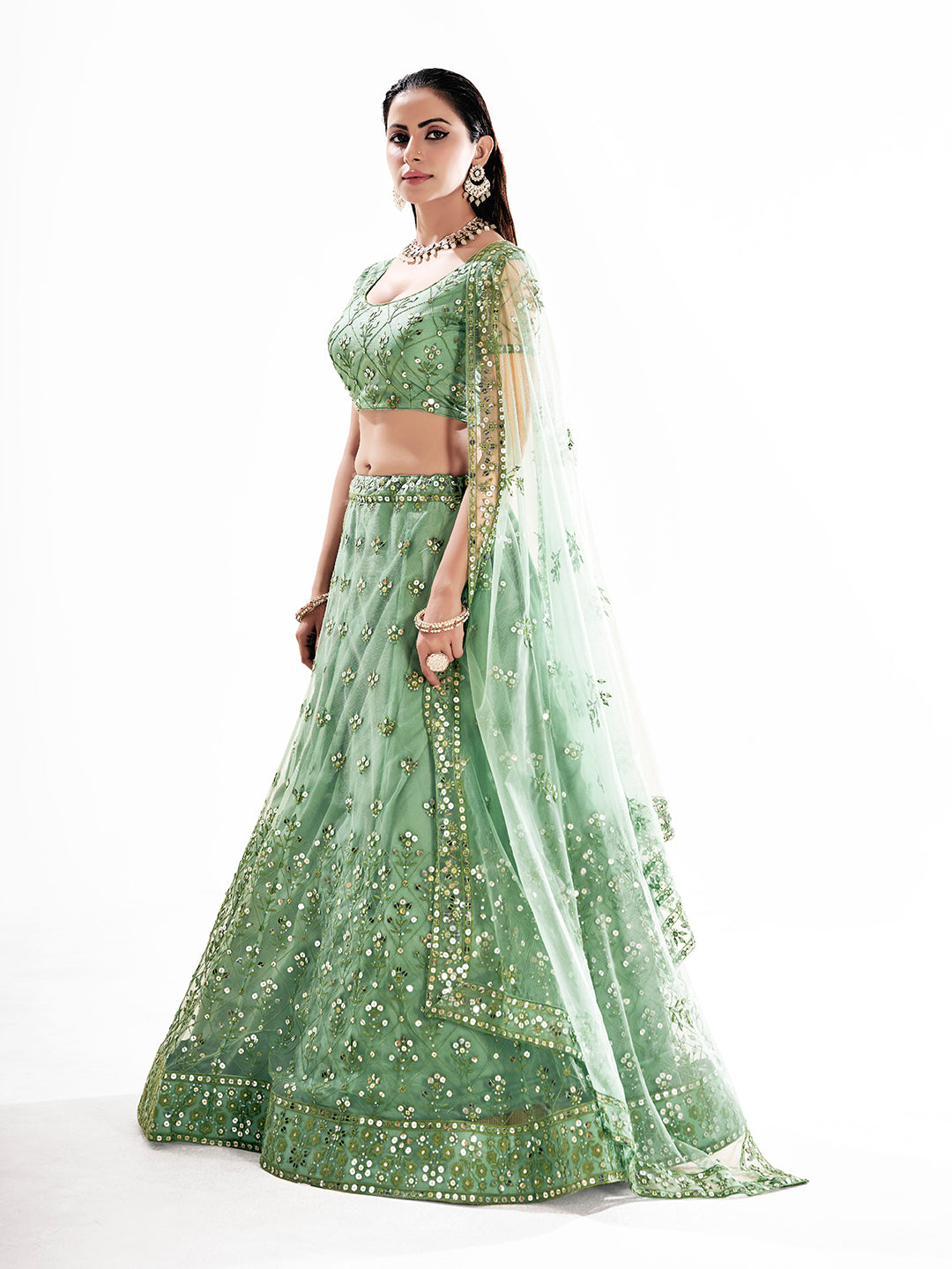Pista Green Sequins Embroidered Net Lehenga Choli