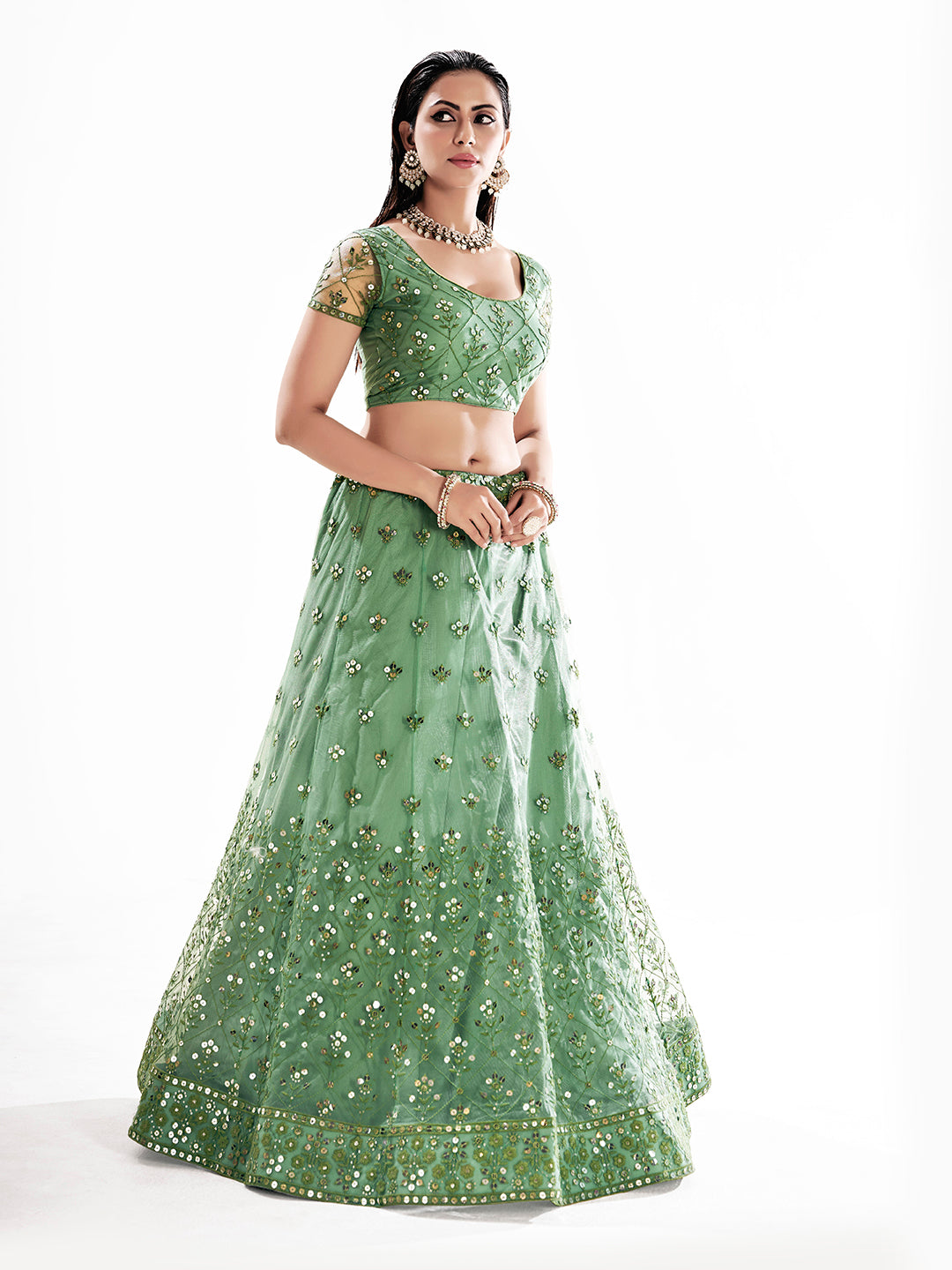 Pista Green Sequins Embroidered Net Lehenga Choli