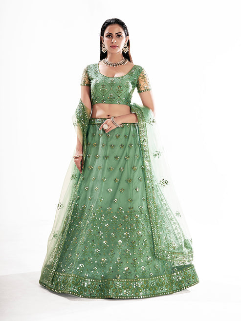 Pista Green Sequins Embroidered Net Lehenga Choli