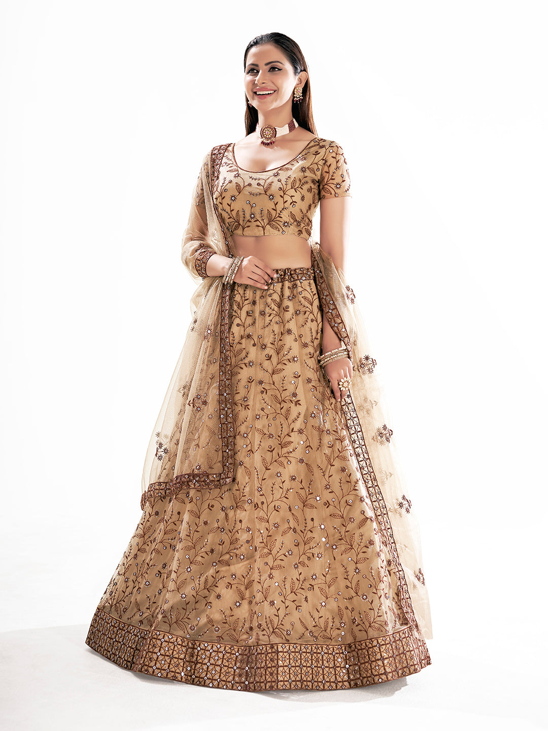 Beige Embroidered Wedding Semi-Stitch Lehenga Choli