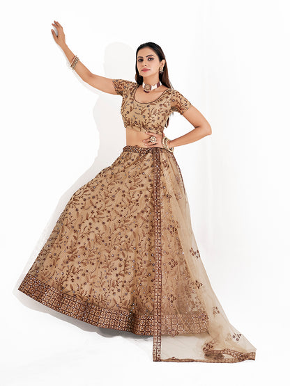 Beige Embroidered Wedding Semi-Stitch Lehenga Choli