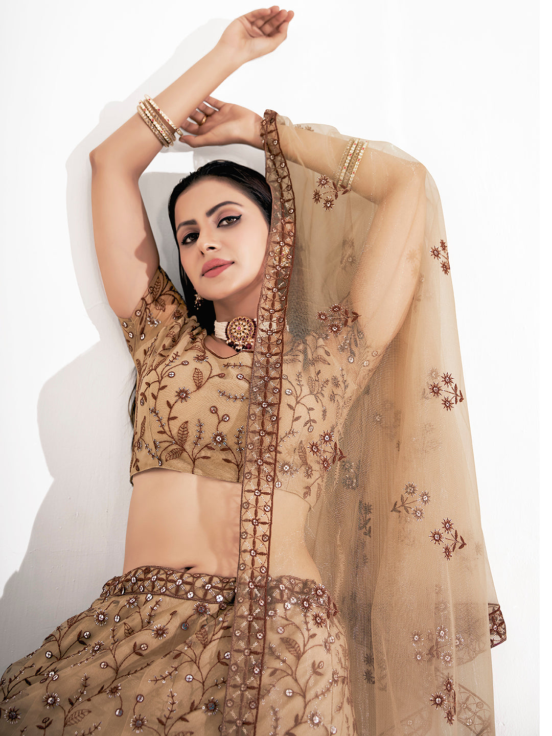 Beige Embroidered Wedding Semi-Stitch Lehenga Choli