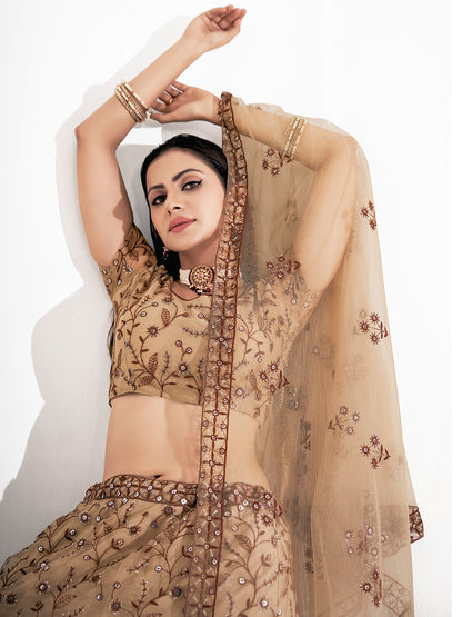 Beige Embroidered Wedding Semi-Stitch Lehenga Choli